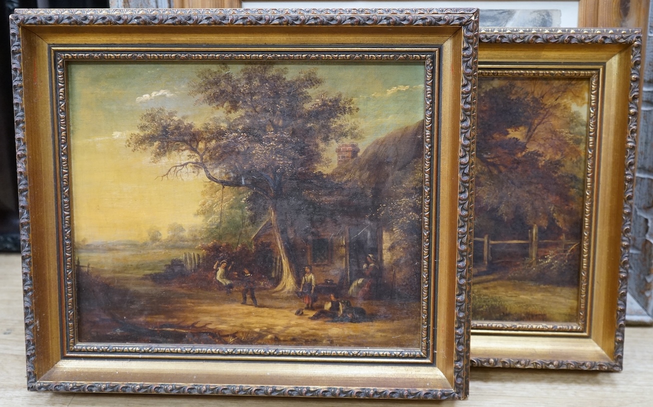 Pair of late 19th century, oils on canvas, Figures before a cottage and angler on a bridge, unsigned, 24 x 29cm, one with a repair to the canvas